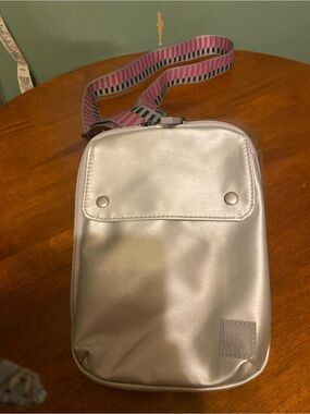 HKWP Silver Crossbody Bag with Pink-Striped Adjustable Strap